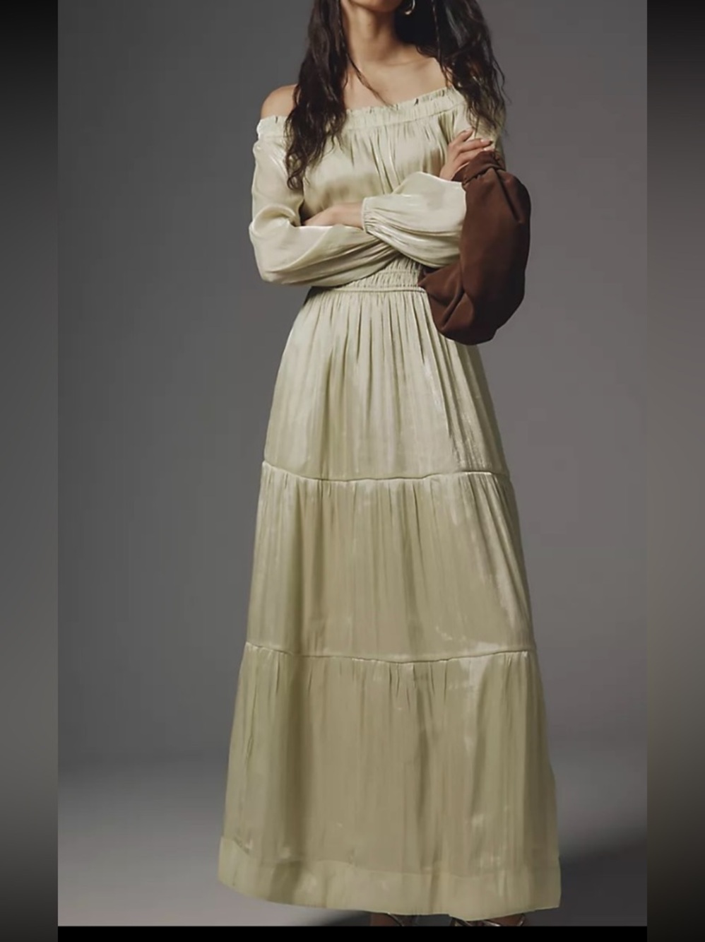 Anthropologie Off-Shoulder Tiered Maxi Dress in Green